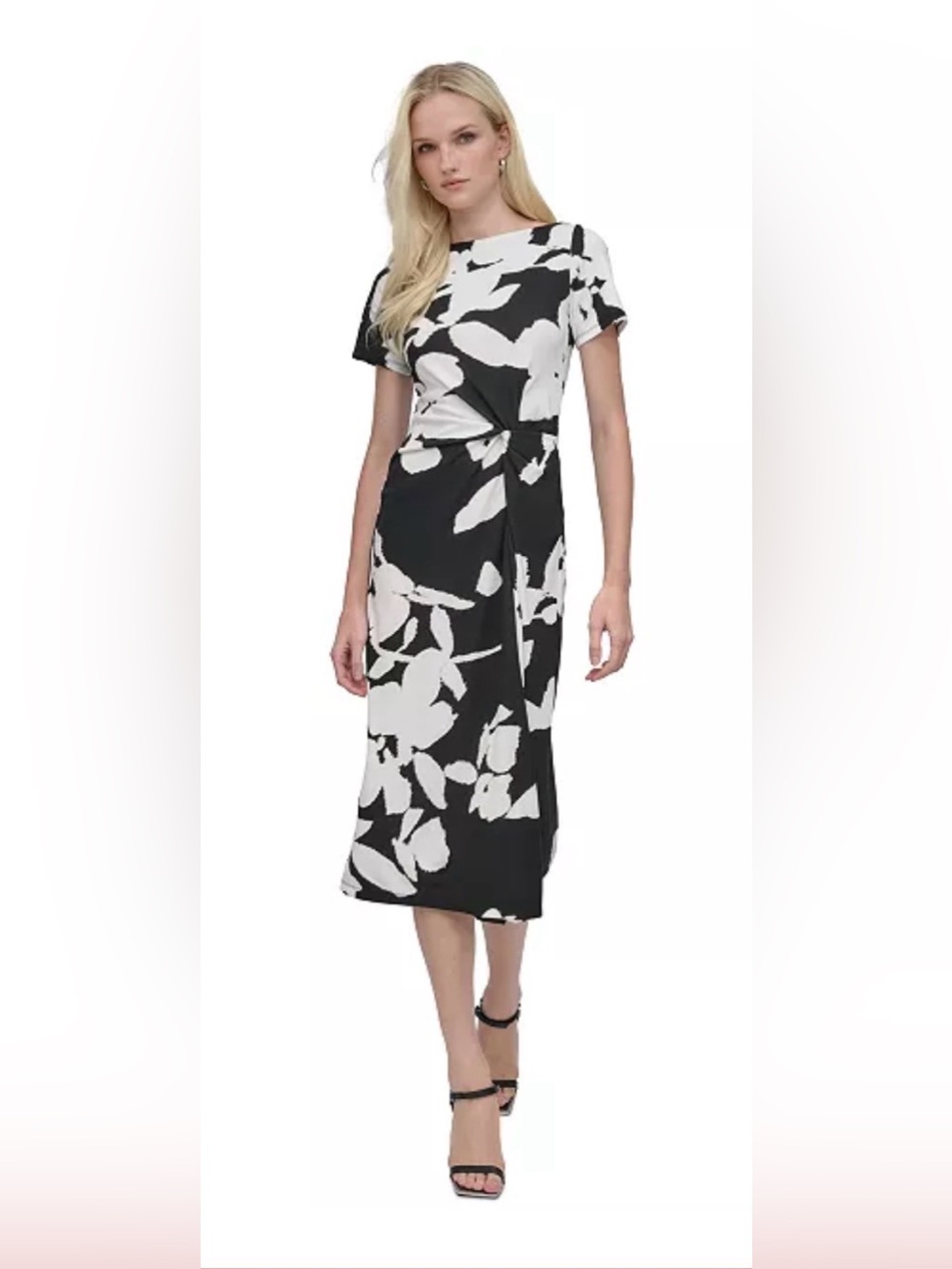 DKNY -Black and White Women's Side-Twist Short-Sleeve Midi Dress NWOT
